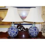Pair Chinese ceramic blue & white table lamps