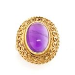 Etruscan revival amethyst and 9ct yellow gold ring