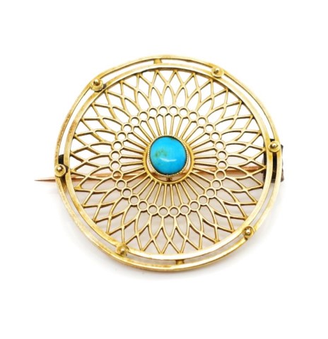 Antique yellow gold and turquoise disc brooch