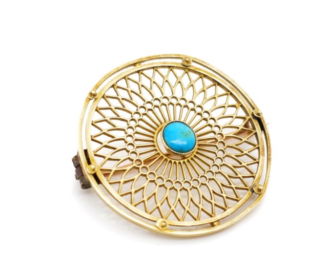 Antique yellow gold and turquoise disc brooch - Image 2 of 3