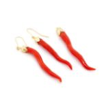 Red coral and 18ct yellow gold earring and pendant