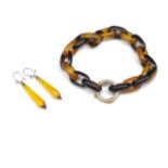 Bakelite bracelet and glass lustre earrings