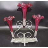 Early three branch ruby glass epergne