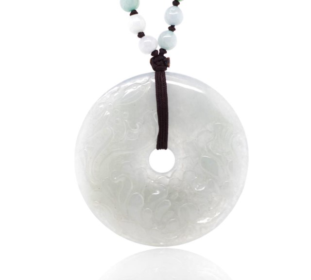 Carved jade Bi disc pendant and beaded necklace