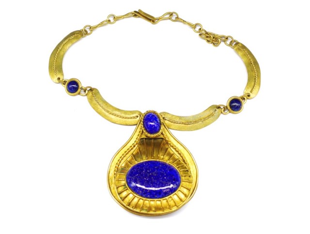 Gilt metal and faux lapis necklace and ear clips