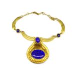 Gilt metal and faux lapis necklace and ear clips