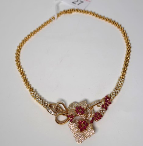 Ruby and diamond set 18ct yellow gold necklace