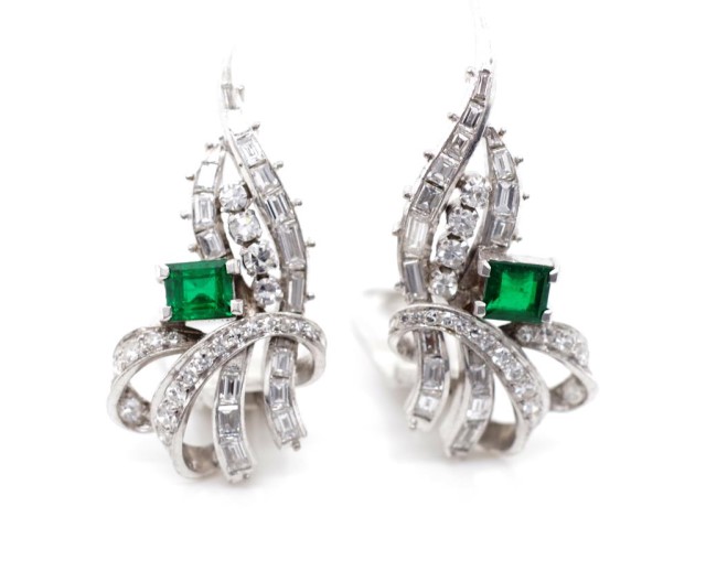 Emerald and diamond set platinum ear clips - Image 2 of 3