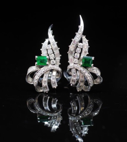 Emerald and diamond set platinum ear clips