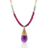 Rainbow sapphire beaded necklace and pendant
