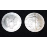Two American $1 UNC silver eagle coins