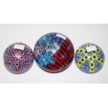 Three millefiori art glass paper weights