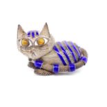 Silver filigree and blue enamel cat brooch