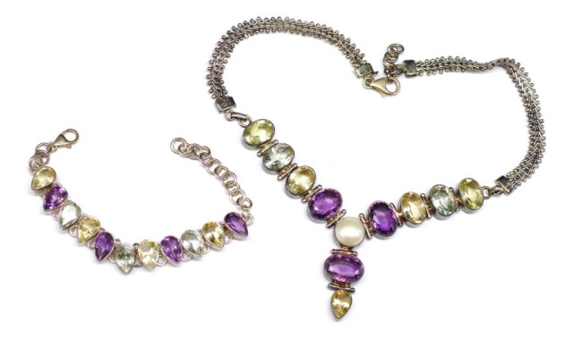 Multi gemstone and silver bracelet and necklace