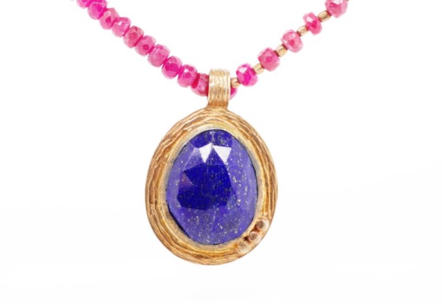 Lapis pendant on a ruby beaded necklace