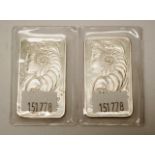 Two Swiss Fortuna 1 troy ounce silver ingots