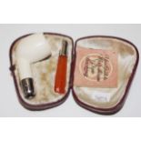 Cased sterling silver, amber& bone Meerschaum pipe