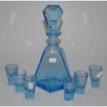 Art Deco seven piece blue glass liqueur set