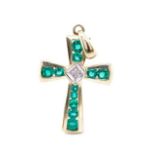 Simulated green gemstone and 9ct yellow gold cross