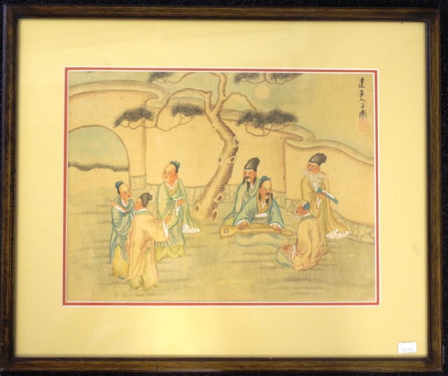 Framed Chinese watercolour Musician with Friends - Image 2 of 2