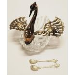 German silver & crystal swan form bowl