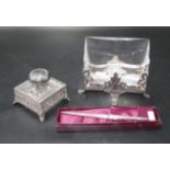 Three piece Whitehill pierced silver plate deskset