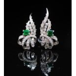 Emerald and diamond set platinum ear clips