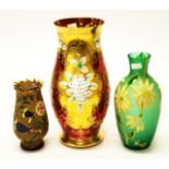 Three vintage hand painted glass vases