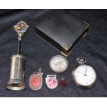 MG car lapel badge and 2 MG key fob badges