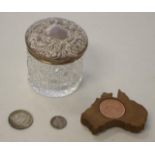 Three coins & a sterling silver lidded jar