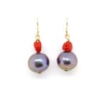 Black pearl, coral and 9ct yellow gold earrings