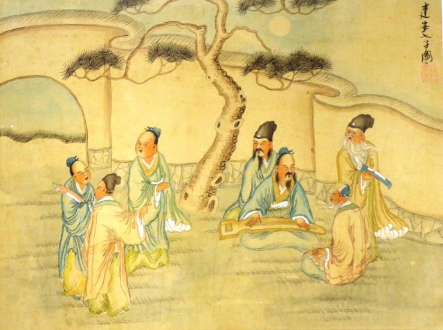 Framed Chinese watercolour Musician with Friends