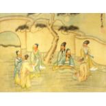 Framed Chinese watercolour Musician with Friends