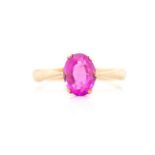 Russian created pink sapphire and rose gold ring