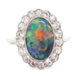 Black opal and diamond set halo ring