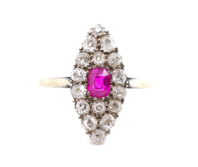 Antique Ruby and diamond set navette ring