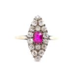 Antique Ruby and diamond set navette ring