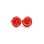 Carved Japanese coral and 18ct yellow gold stud