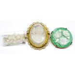 Three French lucite reverse carved brooches