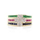 Sapphire, diamond, emerald and ruby three ring set