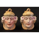 Pair Austrian bisque Face form tobacco jars