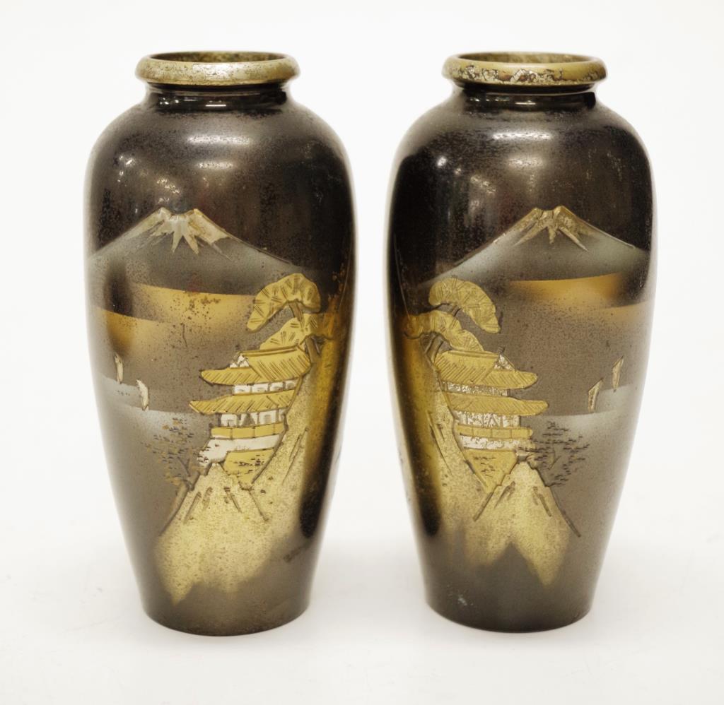 Pair Japanese Damascene decorated vases