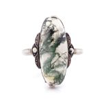 Art deco moss agate, marcasite and silver ring