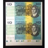 Pair Australian $10 uncut bank notes