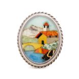 Pietra dura inlaid silver pendant brooch