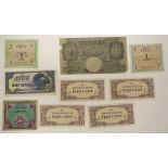 Nine various WWII world banknotes