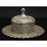 Oriental silver plate lidded bowl & under plate