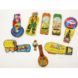 Nine various vintage novelty tin whistles