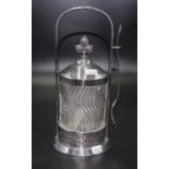 Silver plate & cut glass pickle jar and fork