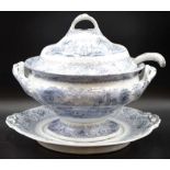 Mid C19th blue &white lidded soup tureen & platter